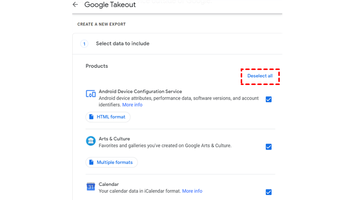 Deselect All on Google Takeout