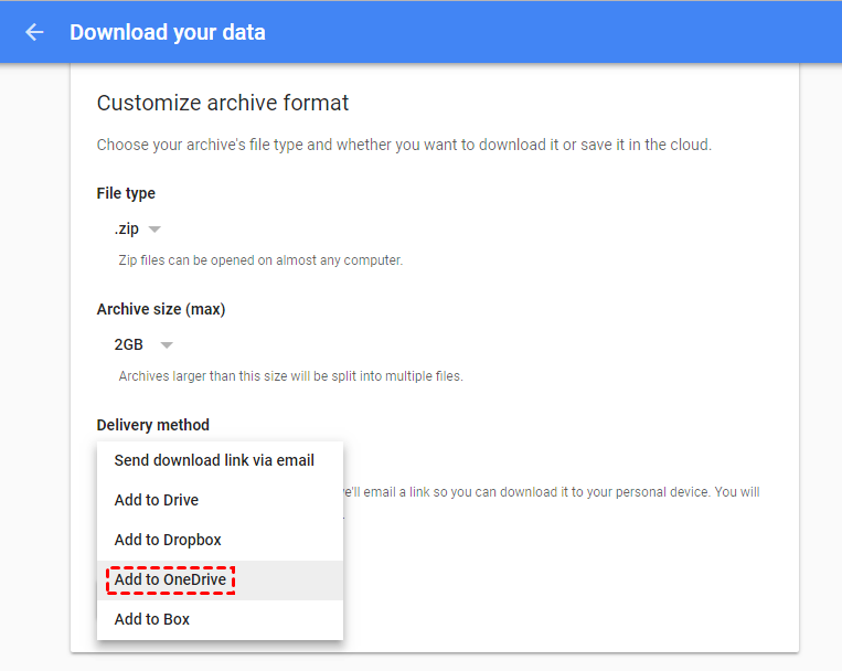 Tải dữ liệu Google - Thêm vào OneDrive