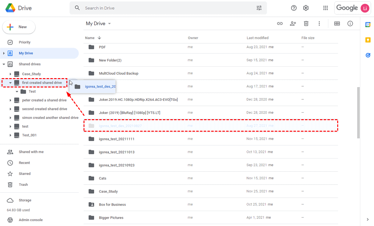 Drag and Drop Folder from My Drive to Shared Drive