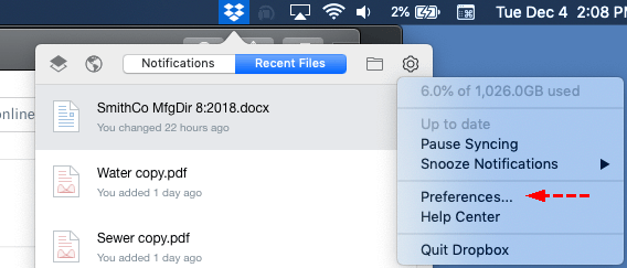 Dropbox Preferences on Mac
