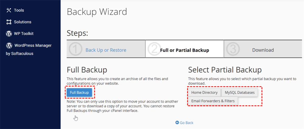 full backup or partial backup