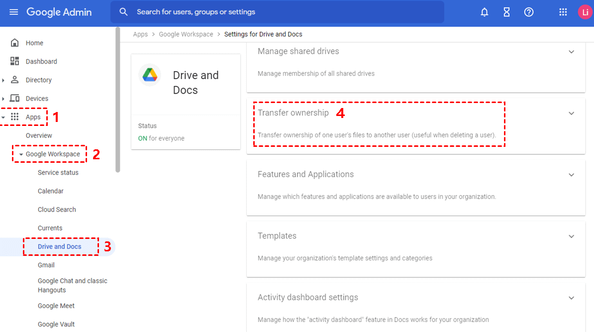 Turn on Transfer Ownership in the Google Admin Console
