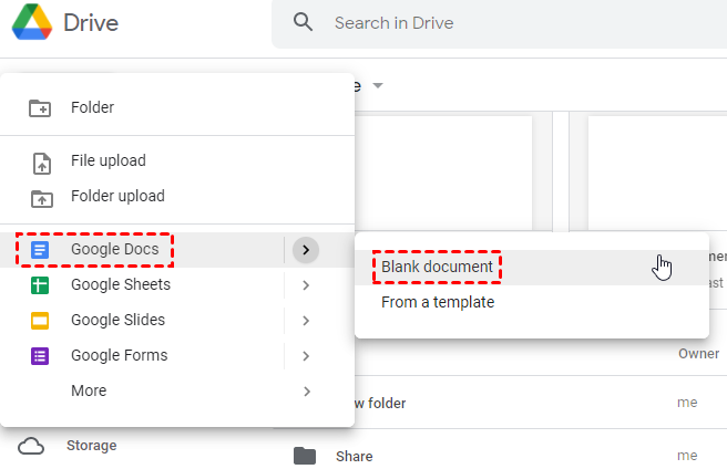 Create Document on Google Drive Website