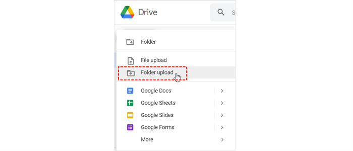 Click Folder Upload on Google Drive Website