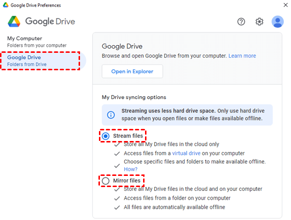 Select Syncing Options in Google Drive for Desktop