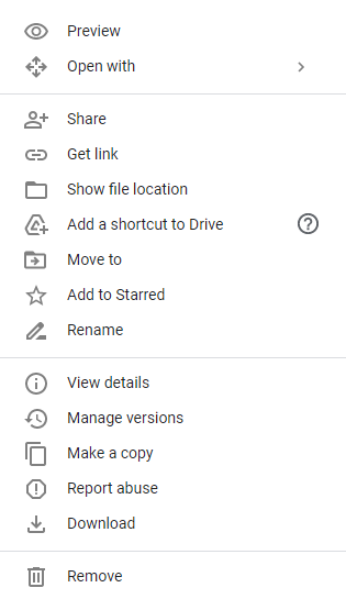 Right-click Menu on Google Drive Website