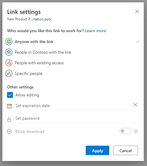 OneDrive Sharing Link Settings