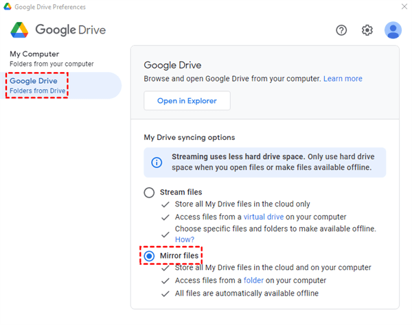 My Drive Syncing Options in Google Drive for Desktop