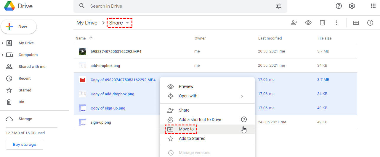 Move to New Folder in Google Drive
