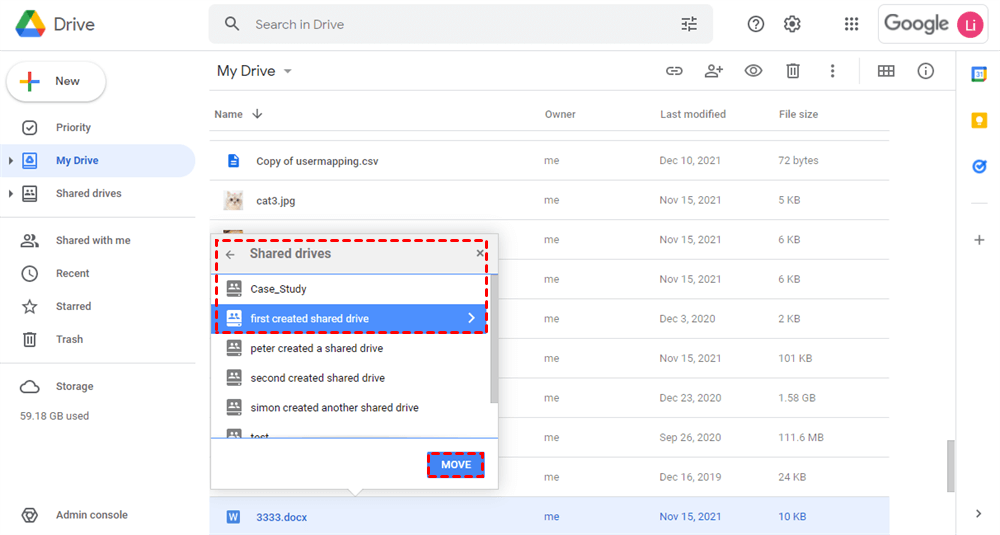 Select A Shared Drive to Move Files to