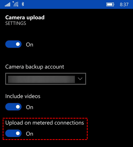 OneDrive Android Camera Upload on Metered Connections
