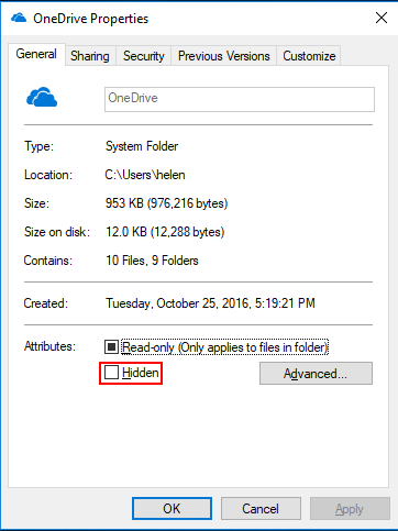 OneDrive Properties Hidden