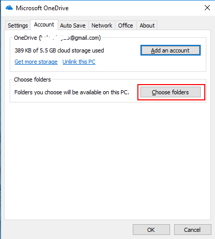 OneDrive Settings Choose Folder