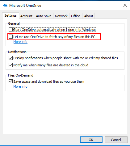 OneDrive Settings Uncheck Fetch PC Files