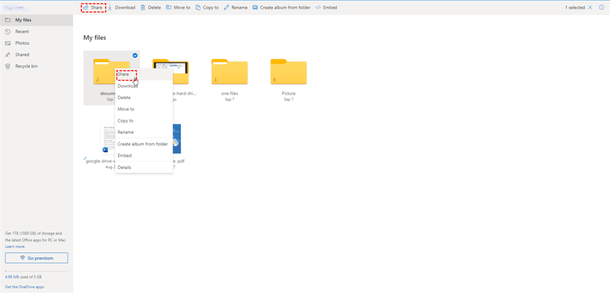 Share Option in OneDrive