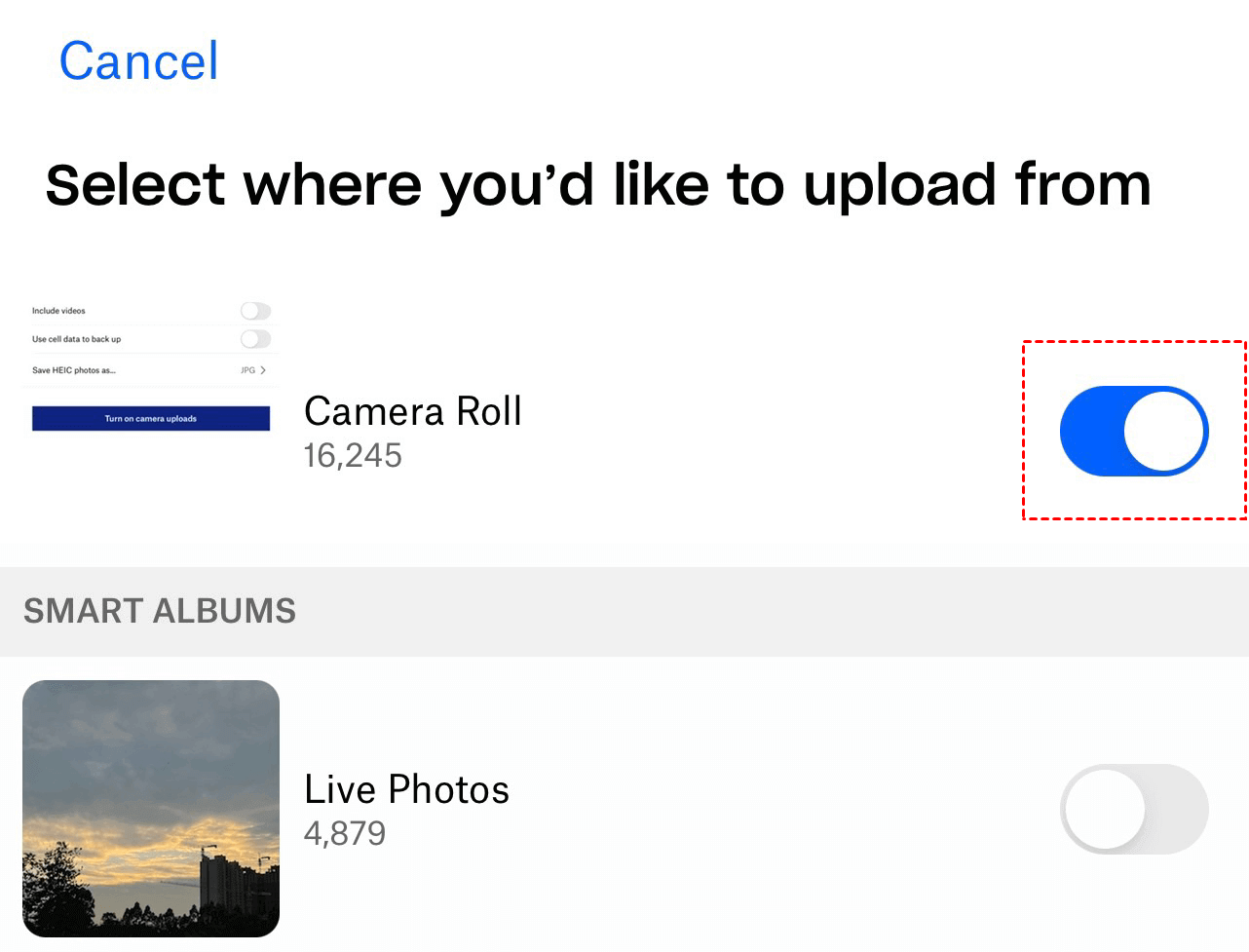 Select Albums to Upload to Dropbox Automatically