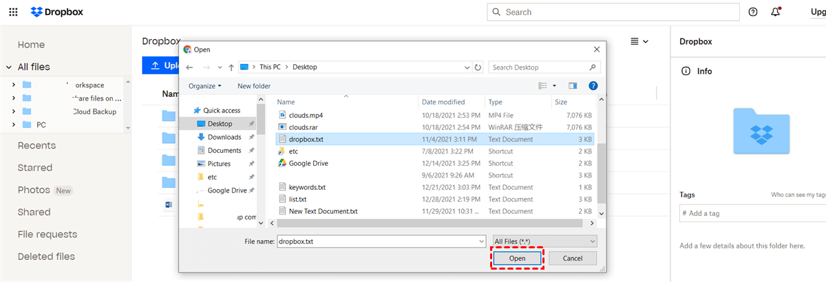 Select File to Upload to Dropbox Web App