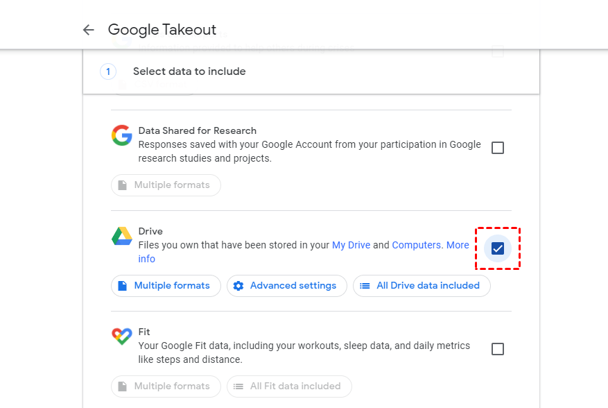 Select Data to Include under Google Takeout