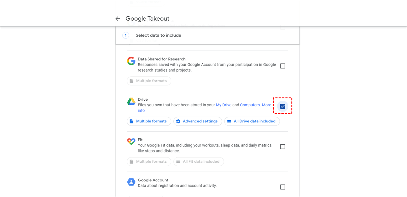 Select Google Drive to Include