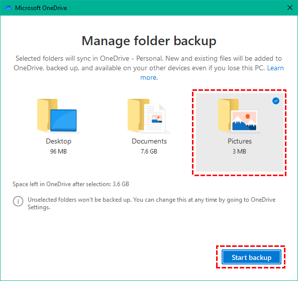 Select Pictures to Backup to OneDrive on Computer