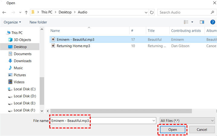 Select the Audio on Computer to Upload to Google Drive