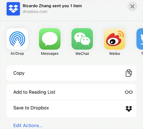 Send Transfer Link from Dropbox App
