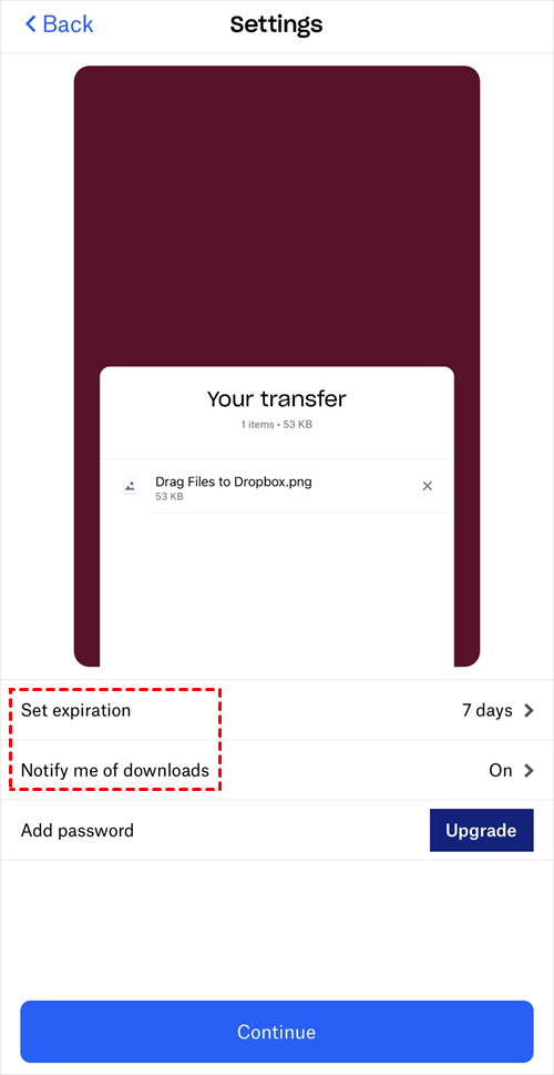 Settings of Transfer Photos on Dropbox App
