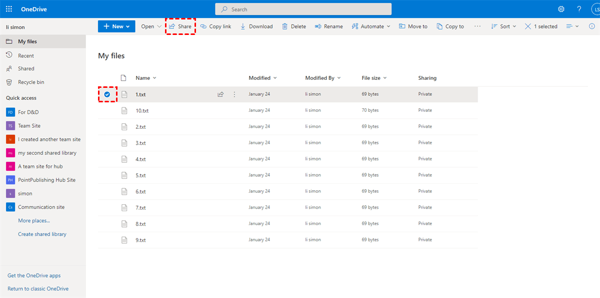 Select File to Share from OneDrive for Business