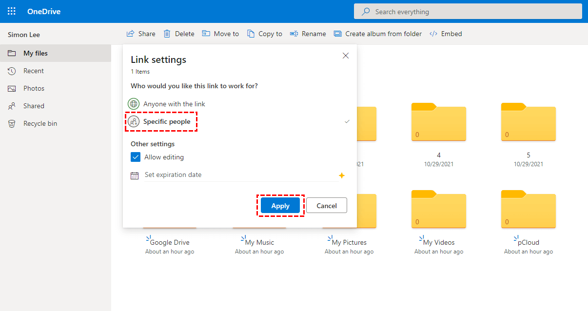 Share to Specific People in OneDrive