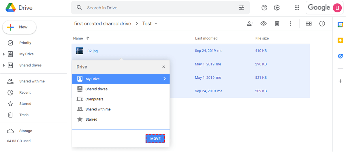 Move Shared Drive to My Drive and Shared Drive of Google Workspace