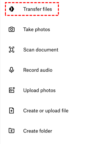 “Transfer files” Button in Dropbox App