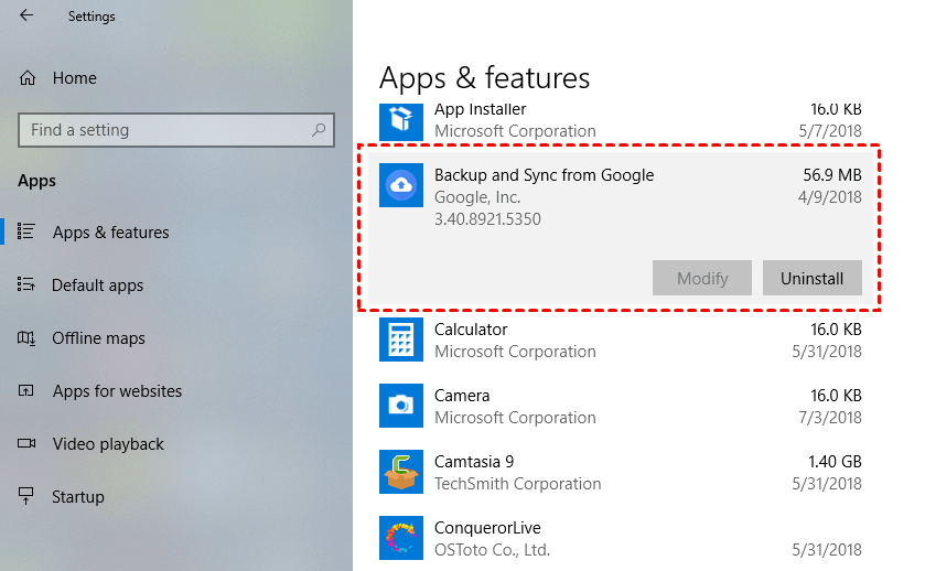 Uninstall Backup and Sync in Windows Settings