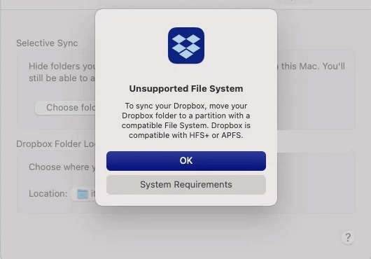 Unsupported File System for Dropbox Folder Location on Mac