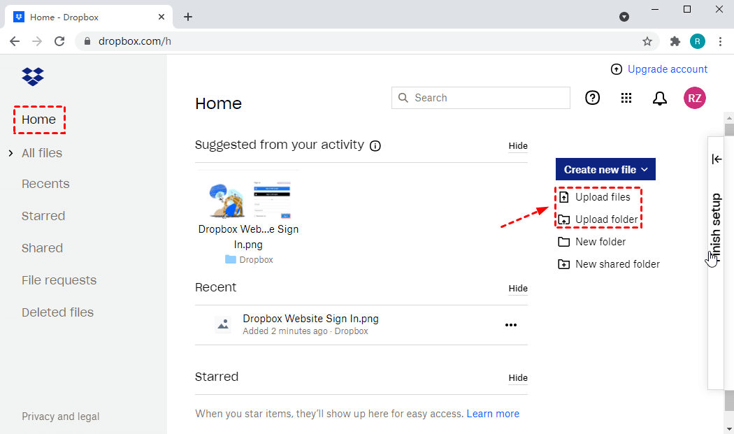 Upload Files to Dropbox on Website