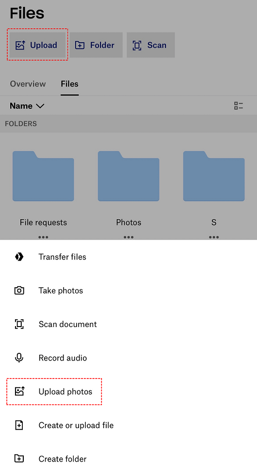 Options to Upload Photos through Dropbox Mobile Application