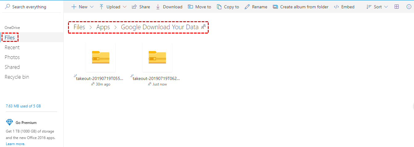 View Transferred Files in OneDrive