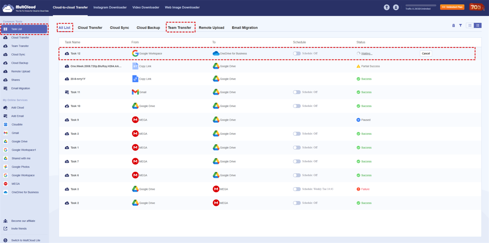 How to Transfer data between Team Clouds with MultCloud?