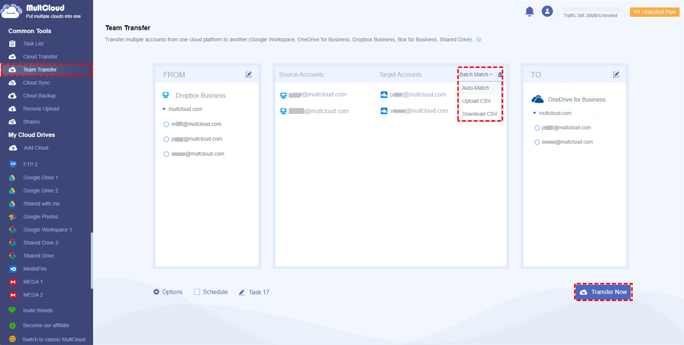 Transfer from Dropbox Business to OneDrive for Business in MultCloud