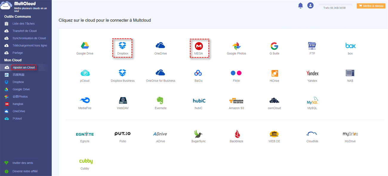 Ajouter Dropbox et MEGA