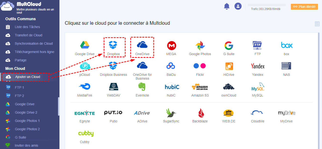 Ajouter OneDrive et Dropbox à MultCloud