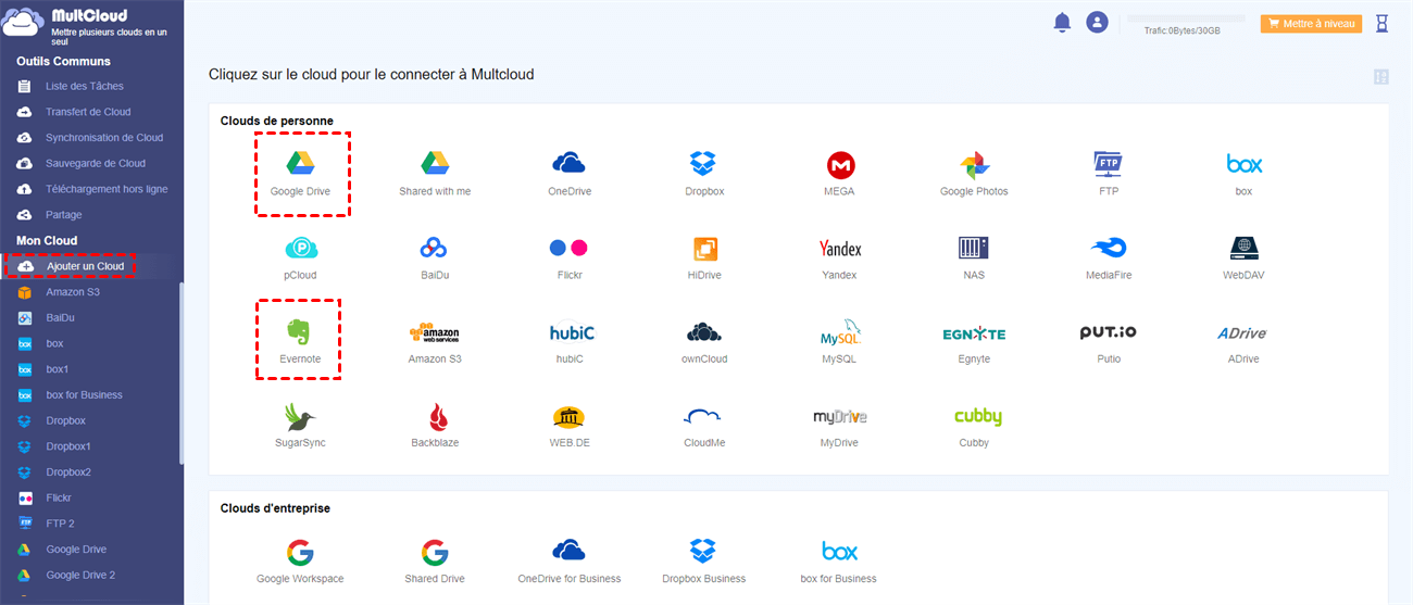 Ajouter Evernote et Google Drive