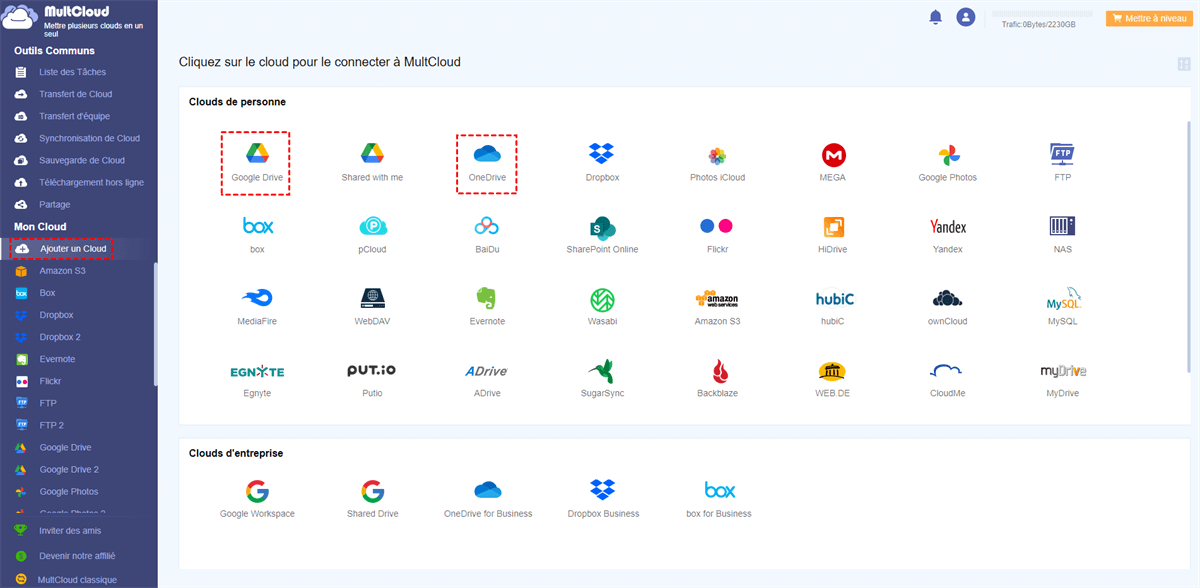 Ajouter OneDrive et Google Drive à MultCloud