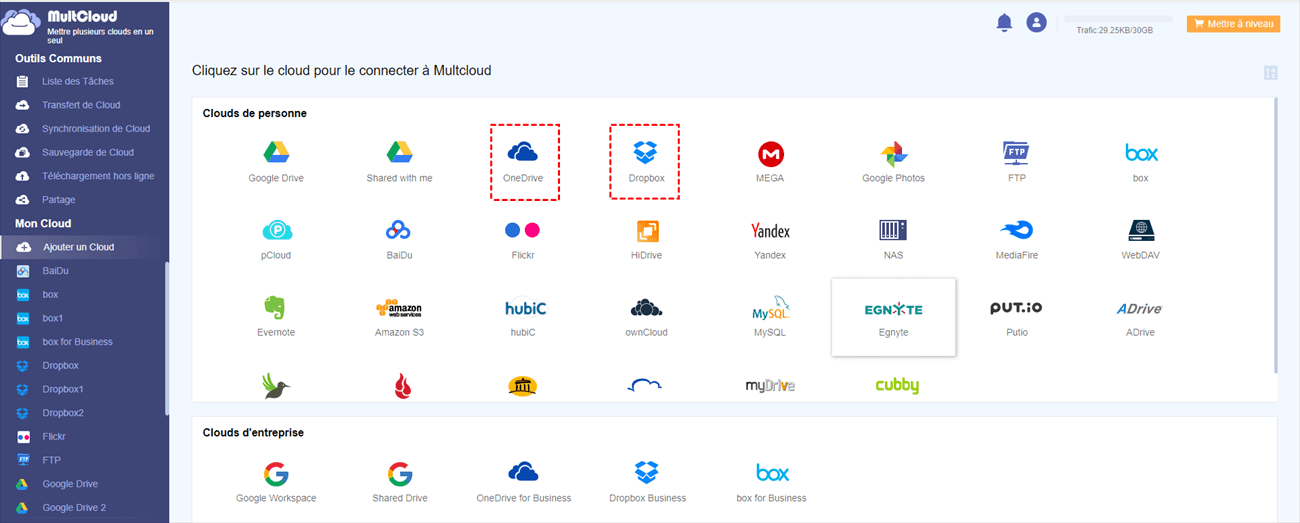Ajouter OneDrive et Dropbox à MultCloud