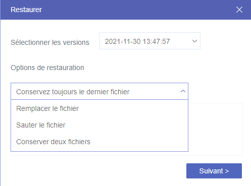 Choisissez les options de restauration et les fichiers