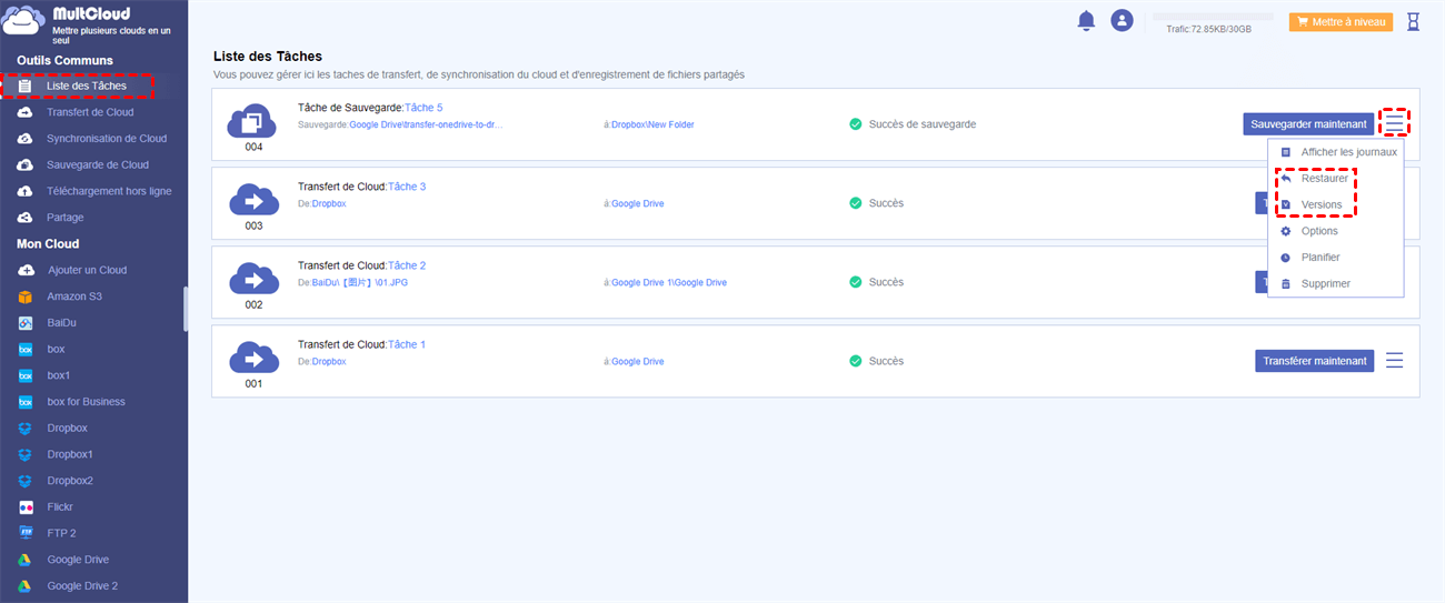 Ouvrir la gestion des versions de sauvegarde dans MultCloud