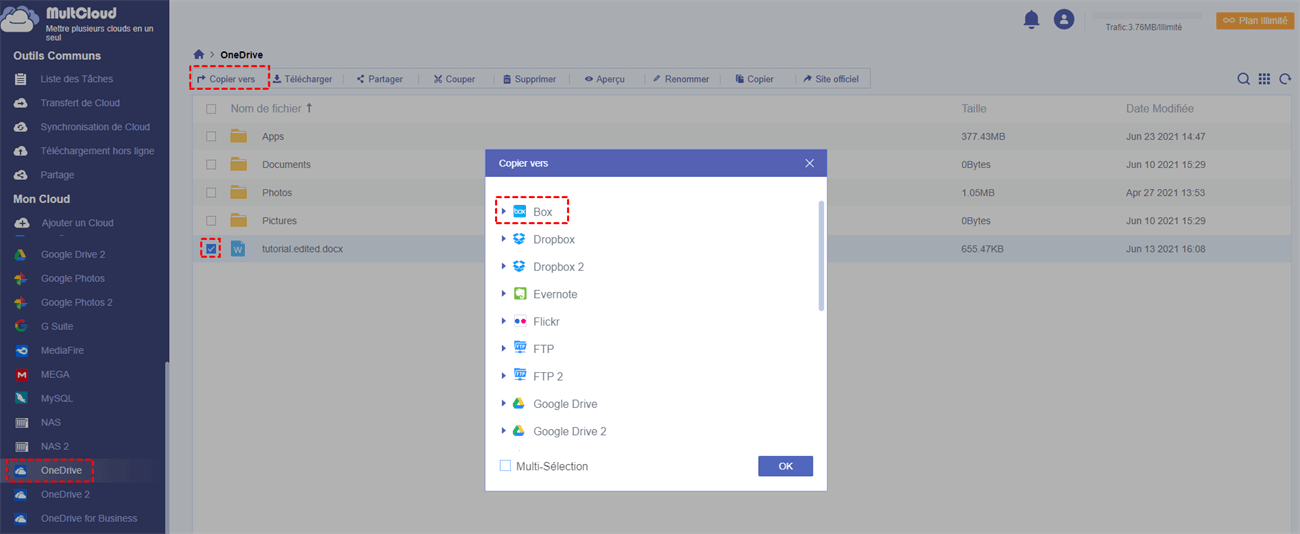 Copier des fichiers de OneDrive vers Box