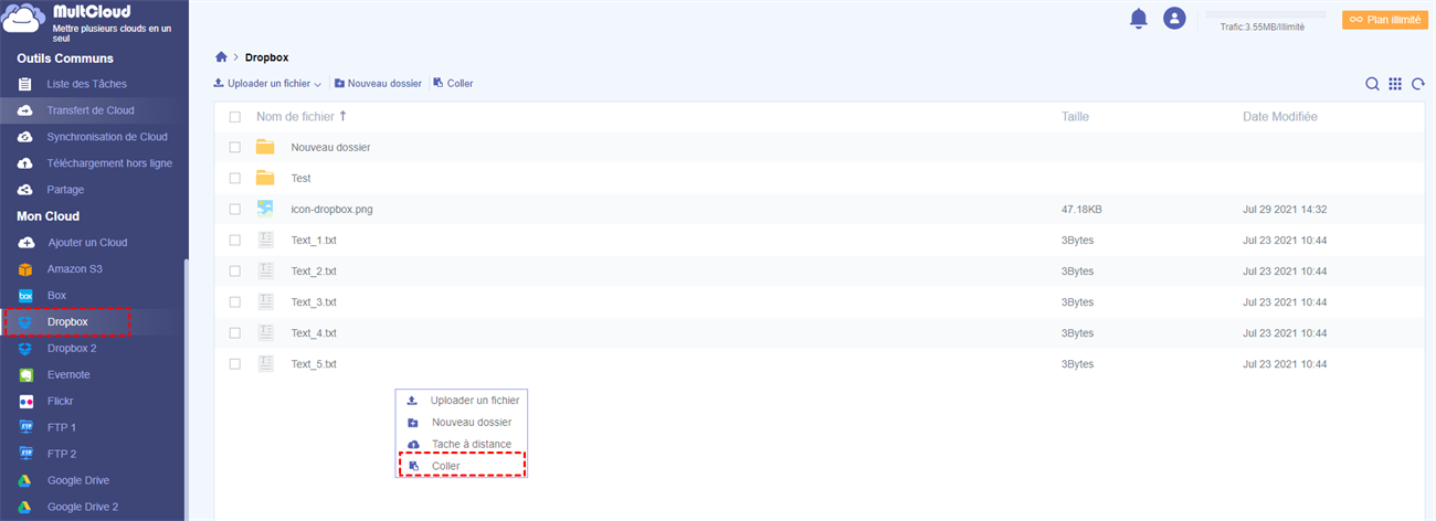 Coller les fichiers vers Dropbox