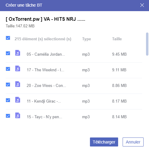 Choisissez les fichiers à télécharger