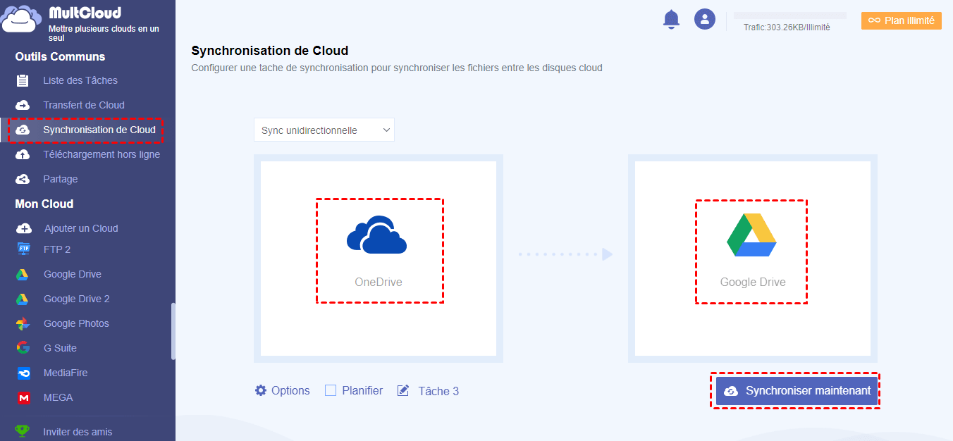 Synchroniser OneDrive avec Google Drive dans MultCloud