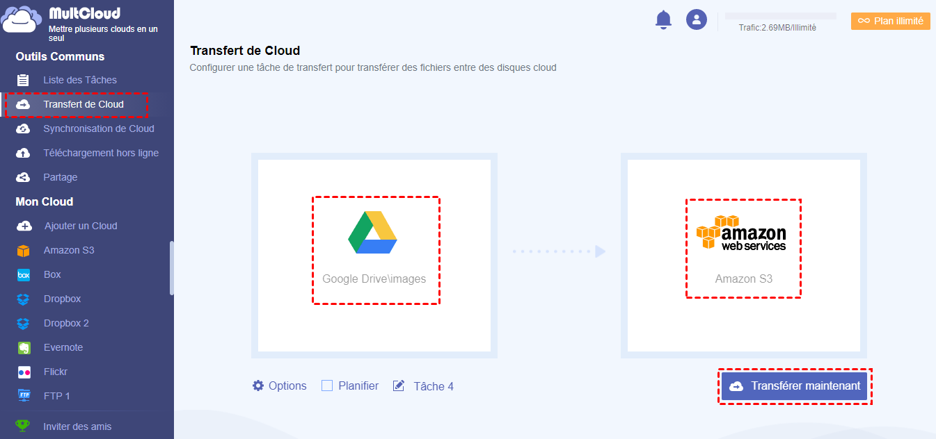 Transférer Google Drive vers Amazon S3 dans MultCloud